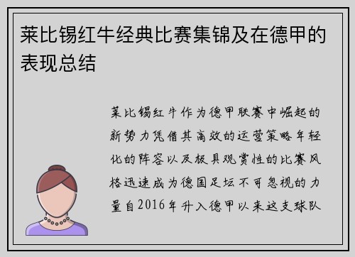 莱比锡红牛经典比赛集锦及在德甲的表现总结