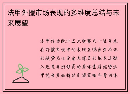 法甲外援市场表现的多维度总结与未来展望